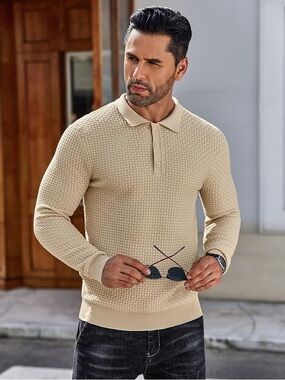 Coofandy Men's Cream Knit Textured Polo Sweater - Casual Long Sleeve Shirt